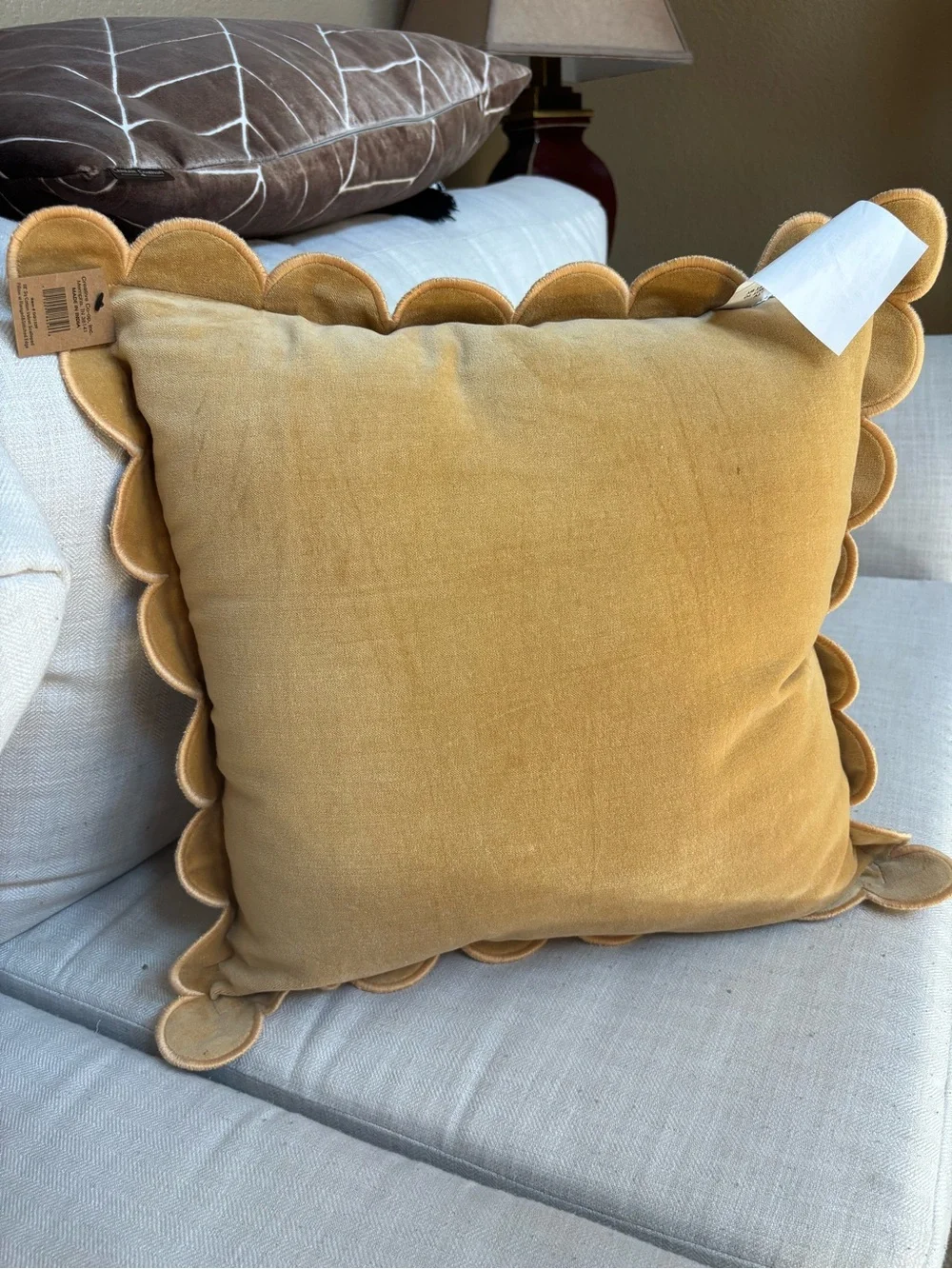 Creative Co-Op Mustard Cotton Velvet Scalloped Flange Throw Pillow 18”NWT